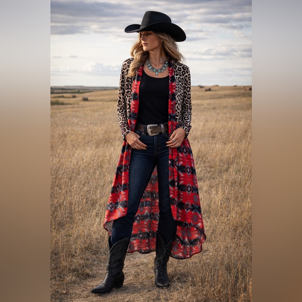 Crazy Train Red Blck Rodeo Cheetah  Duster Kimono Sheer Long Open Cardigan L